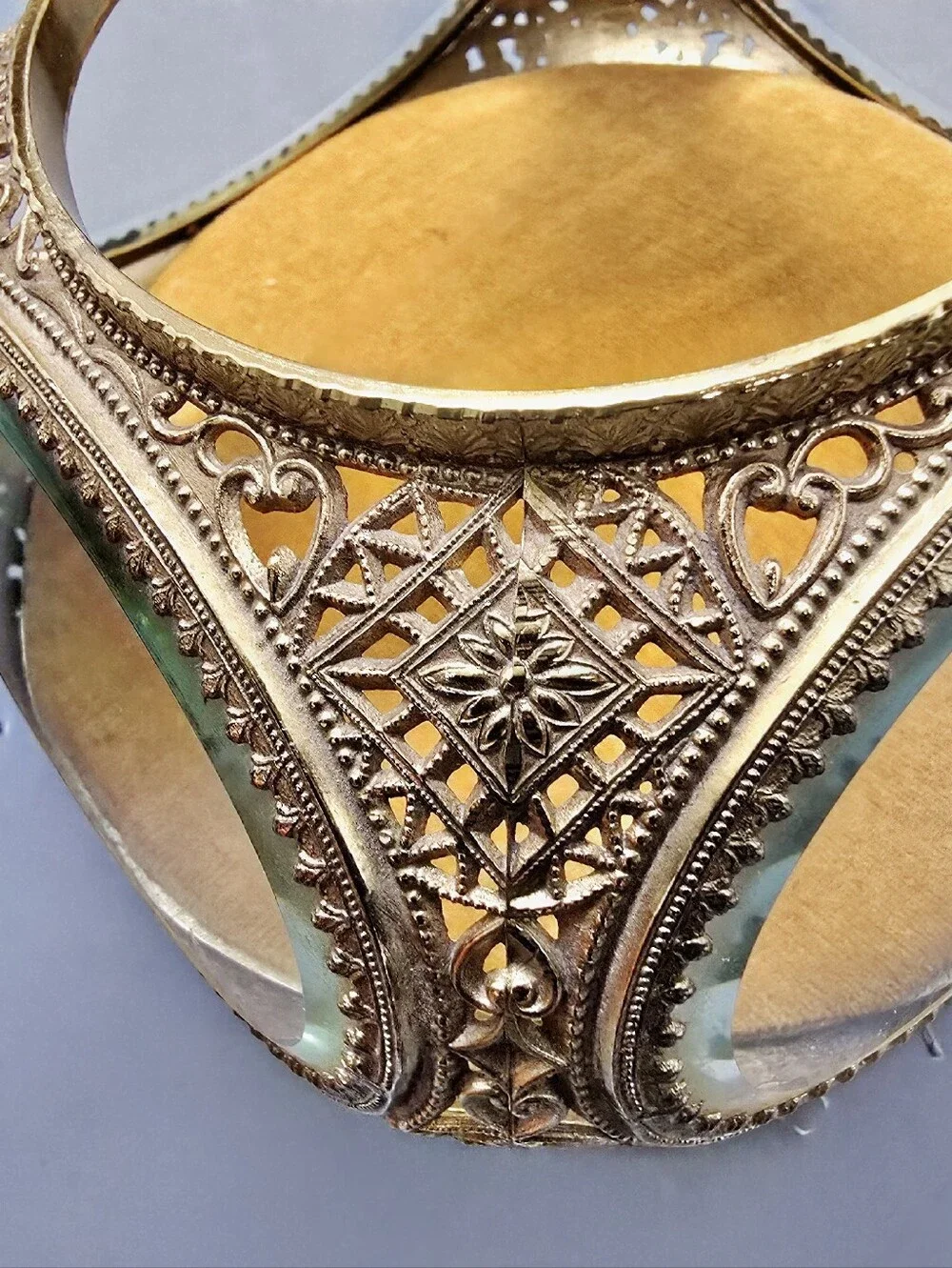 Vintage Ormolu Jewelry Casket Yellow Velvet Beveled Glass Trinket Box
